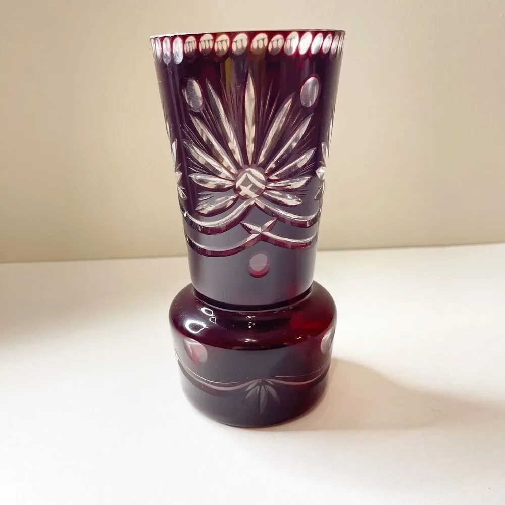 Vintage Bohemian Ruby Red Vase‎ Cut To Clear Crystal Etched Decorative Glassware